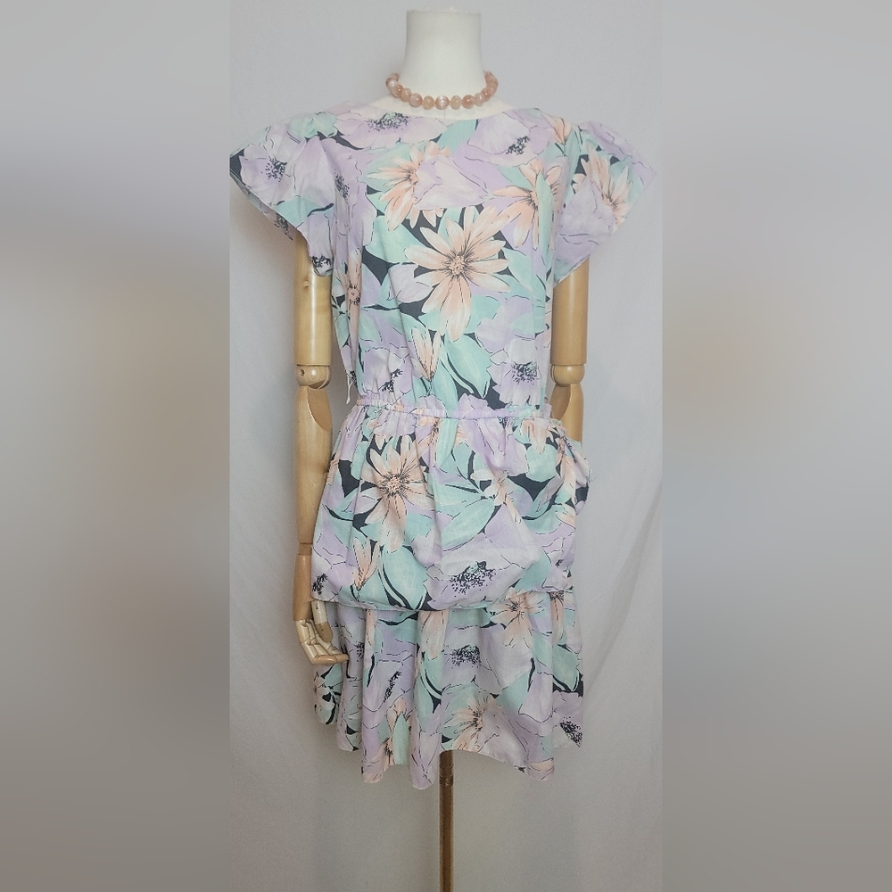 Vintage 1980 Goody Short Sleeve Floral Peplum Dress, Size 9
